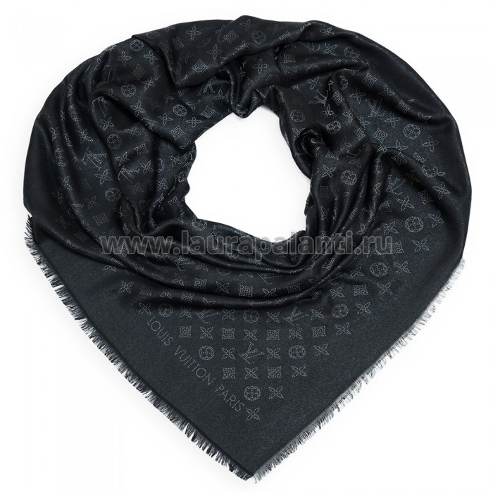 Кашемировая шаль Louis Vuitton "More Monogram" чёрная с серебряной нитью