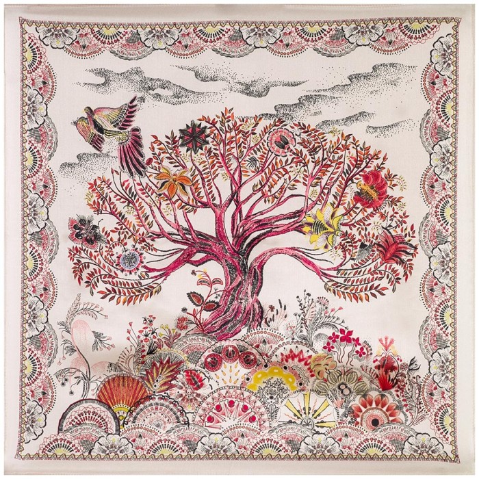 Шёлковый шейный платок Laura Palanti "Дерево желаний" малиновый/телесный