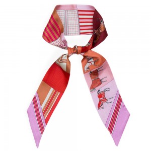 Двусторонняя шёлковая лента Twilly Hermès "Courvertures Nouvelles Vichy" кораллово-розовая