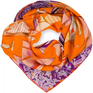 Кашемировый платок Hermès "Корабли мира" оранжевый, фиолетовый
