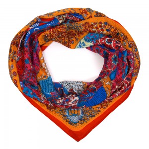 Кашемировый платок Hermès "Pique Fleuri de Provence" красный, оранжевый, автор Christine Henry