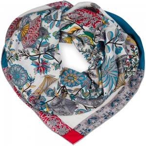 Кашемировый платок Hermès "Fleurs et Papillons de Tissus" бирюзовый/серый, автор Christine Henry